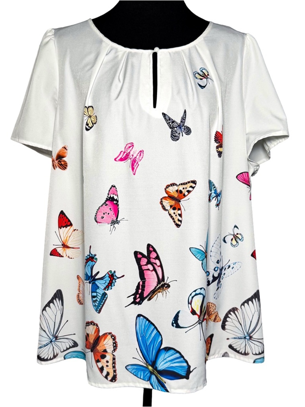 Shein Curve Women 3XL Butterfly Print Keyhole Neck Short Sleeve Blouse White - Picture 2 of 11